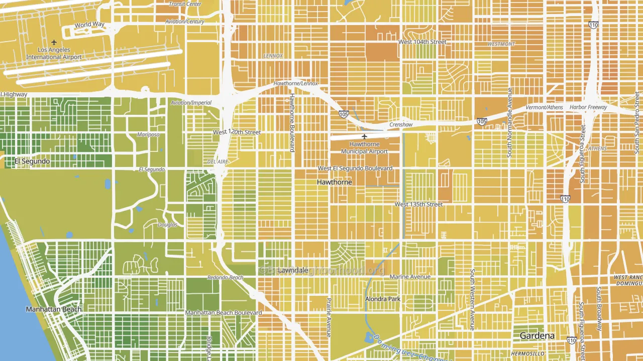 Map of the best neighborhoods in the Hawthorne area, with better matches in green and worse matches in red