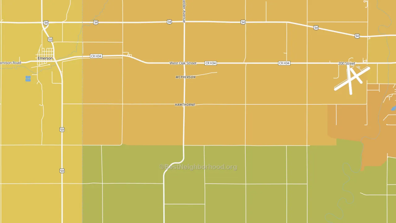 Map of the best neighborhoods in the Hawthorne area, with better matches in green and worse matches in red