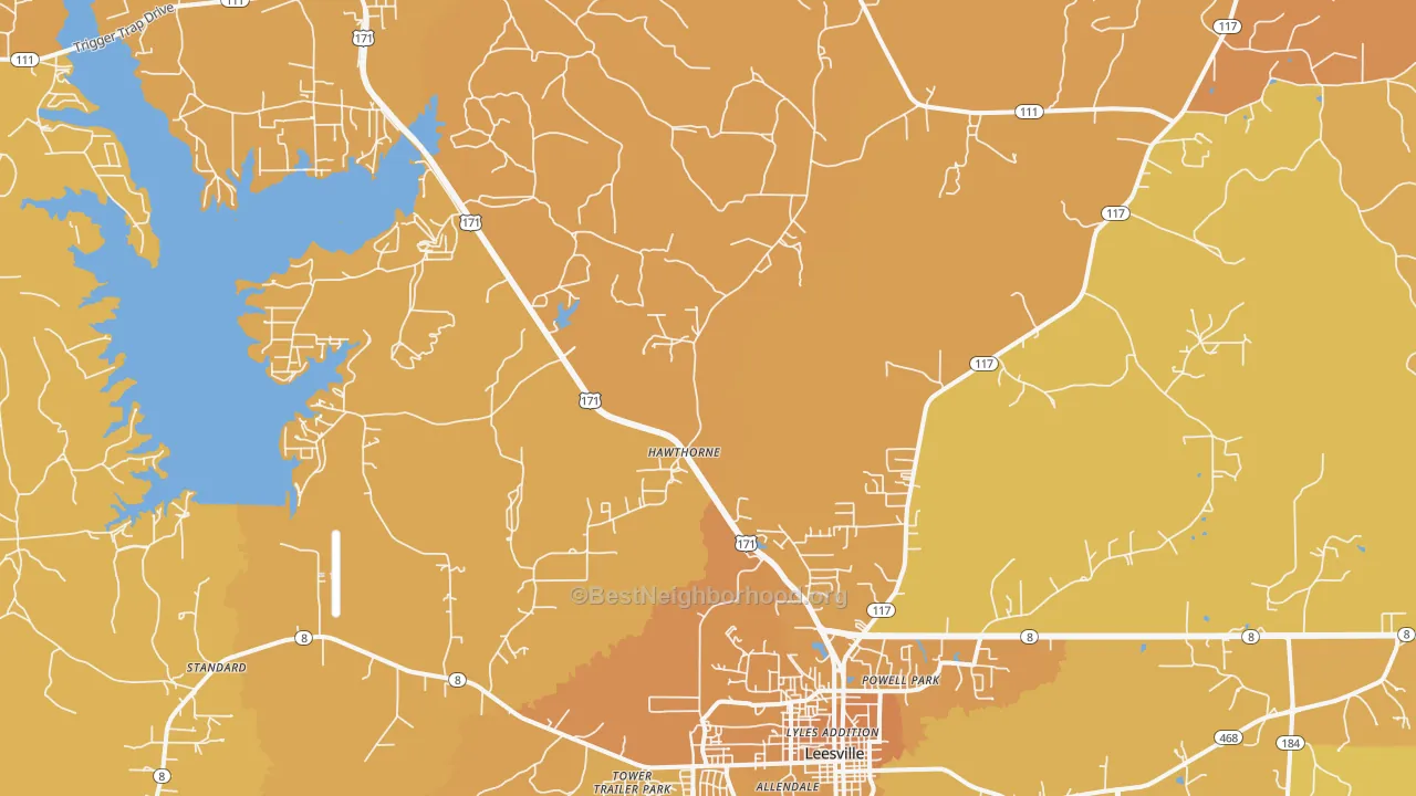 Map of the best neighborhoods in the Hawthorne area, with better matches in green and worse matches in red