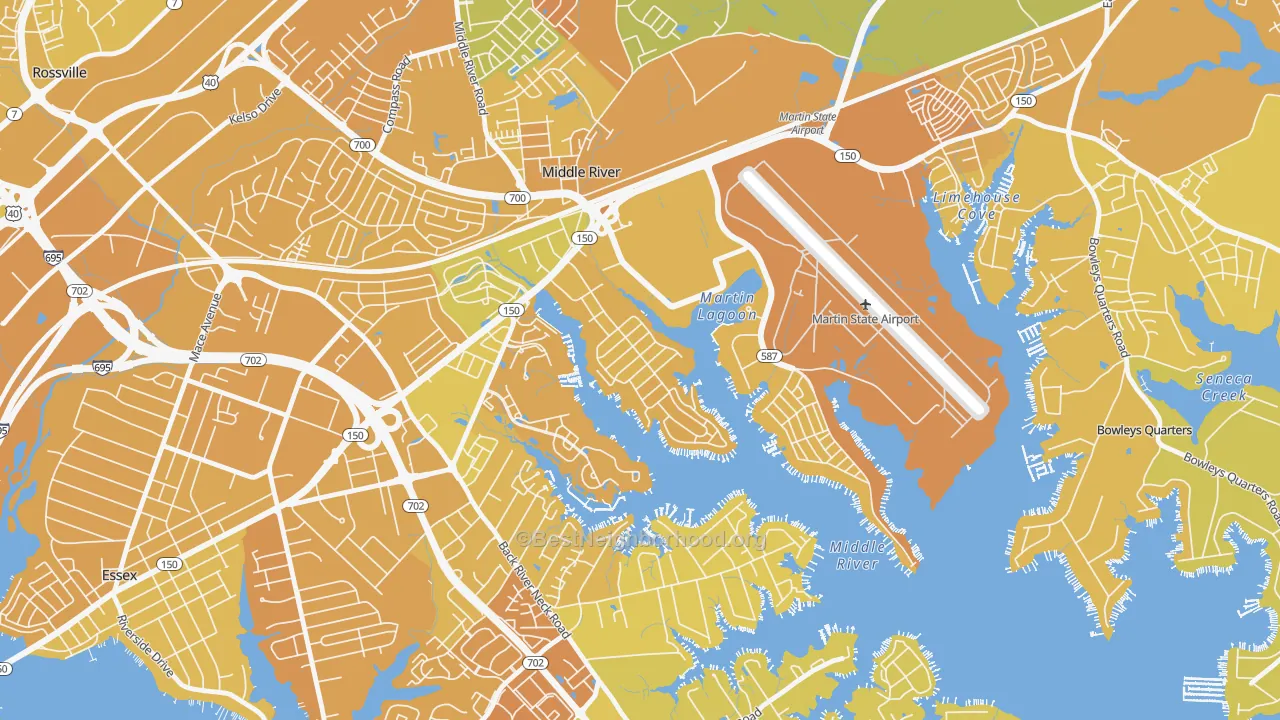 Map of the best neighborhoods in the Hawthorne, Middle River area, with better matches in green and worse matches in red