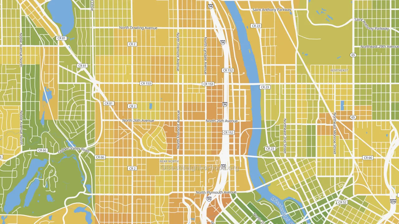 Map of the best neighborhoods in the Hawthorne, Minneapolis area, with better matches in green and worse matches in red