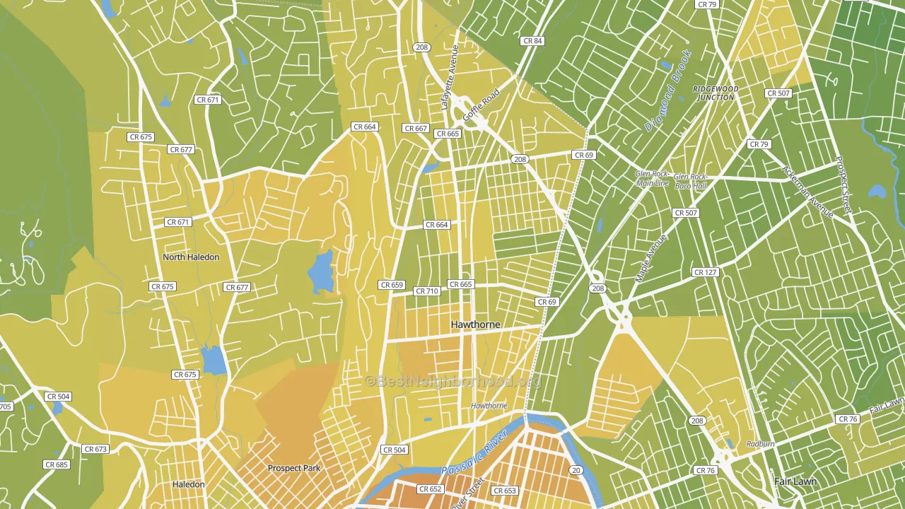 Map of the best neighborhoods in the Hawthorne area, with better matches in green and worse matches in red