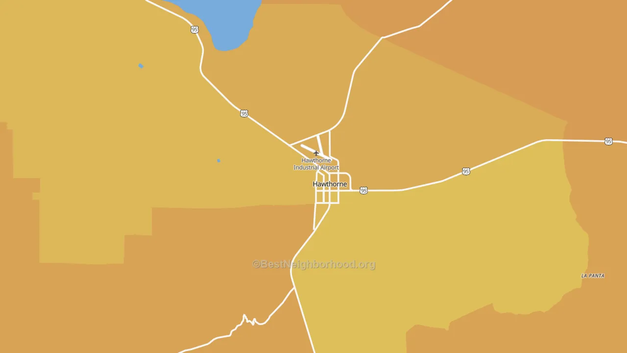 Map of the best neighborhoods in the Hawthorne area, with better matches in green and worse matches in red