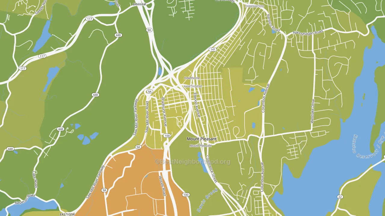 Map of the best neighborhoods in the Hawthorne area, with better matches in green and worse matches in red