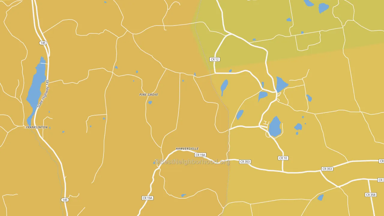 Map of the best neighborhoods in the Hawversville area, with better matches in green and worse matches in red