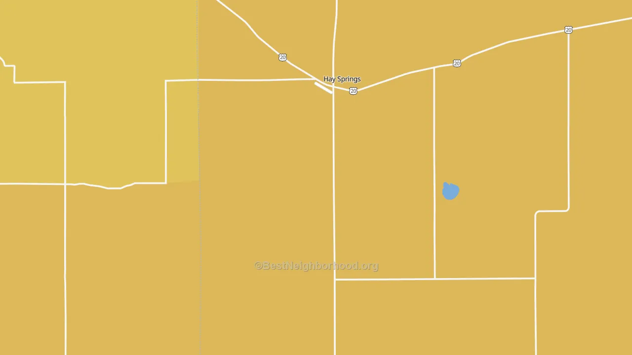 Map of the best neighborhoods in the Hay Springs area, with better matches in green and worse matches in red