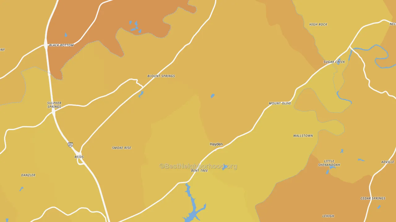 Map of the best neighborhoods in the Hayden area, with better matches in green and worse matches in red