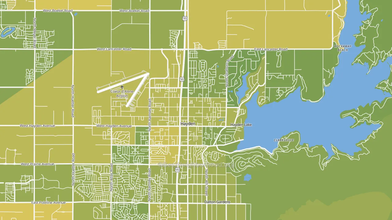 Map of the best neighborhoods in the Hayden area, with better matches in green and worse matches in red