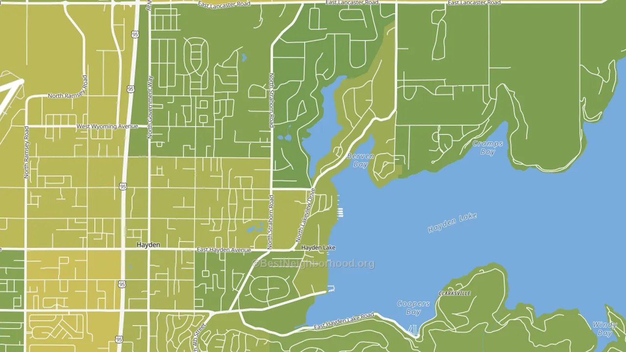 Map of the best neighborhoods in the Hayden Lake area, with better matches in green and worse matches in red