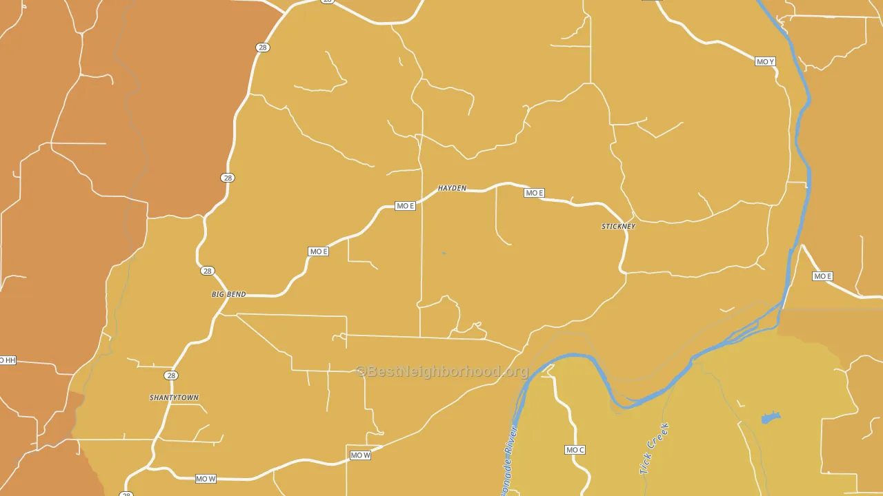 Map of the best neighborhoods in the Hayden area, with better matches in green and worse matches in red