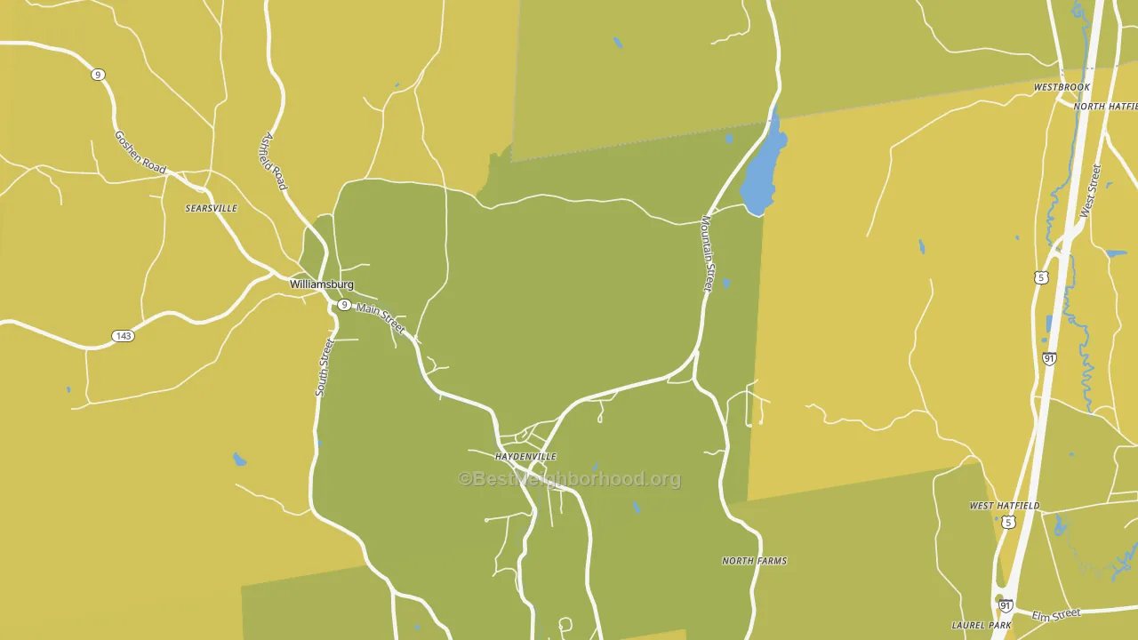 Map of the best neighborhoods in the Haydenville area, with better matches in green and worse matches in red