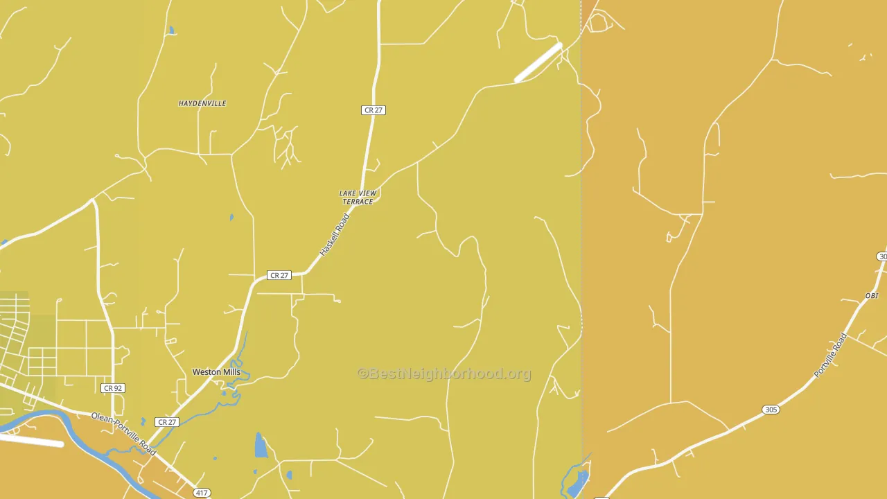 Map of the best neighborhoods in the Haydenville area, with better matches in green and worse matches in red