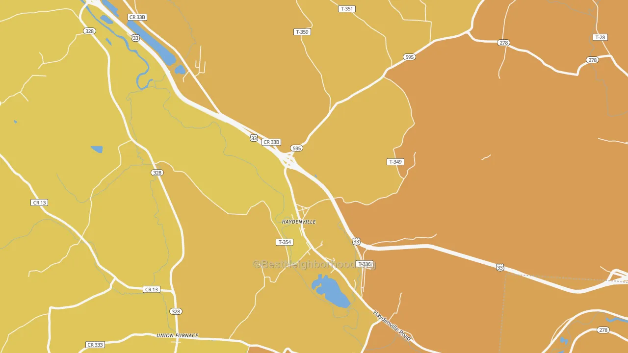 Map of the best neighborhoods in the Haydenville area, with better matches in green and worse matches in red