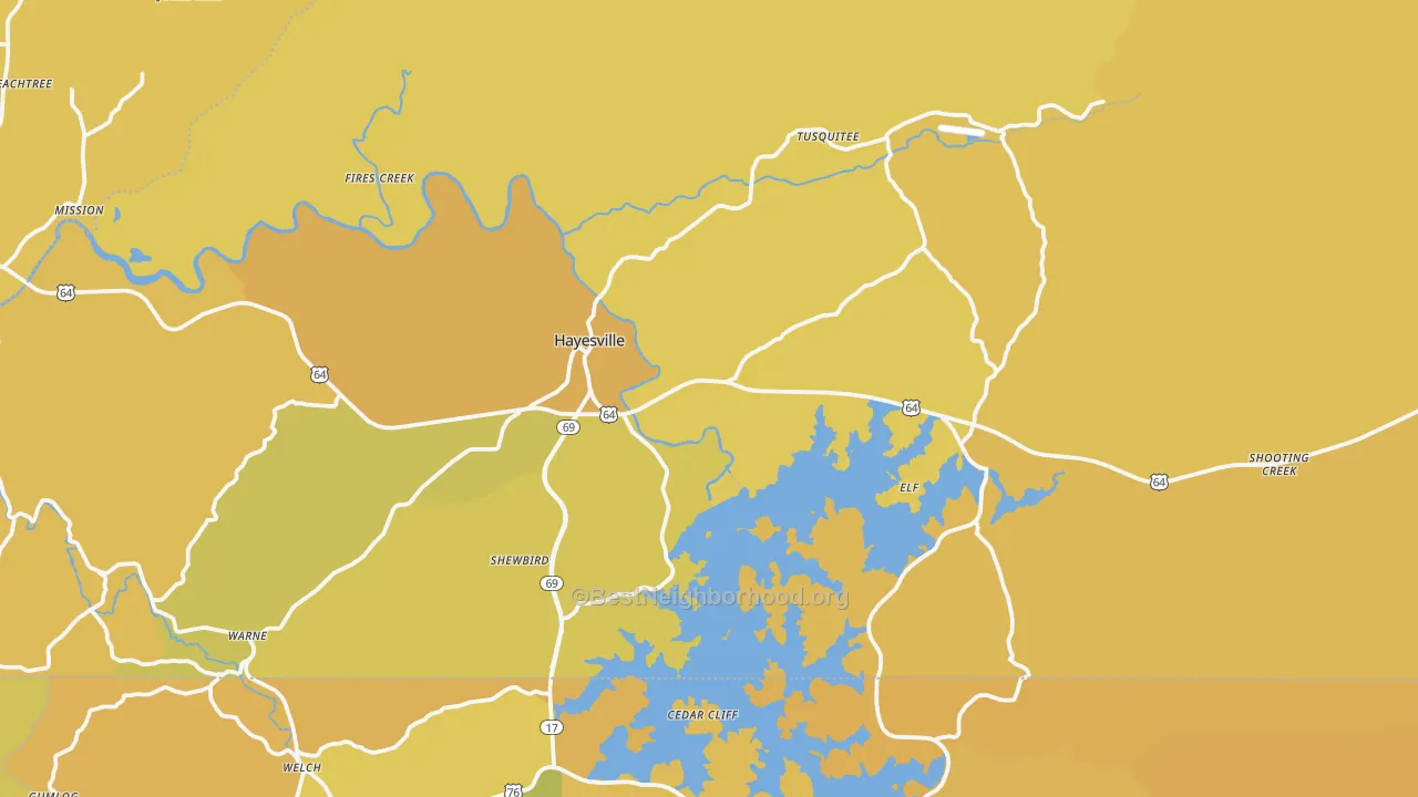 Map of the best neighborhoods in the Hayesville area, with better matches in green and worse matches in red