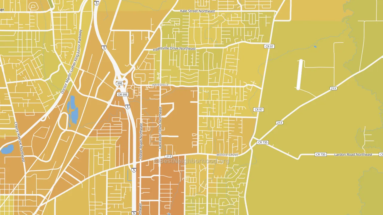 Map of the best neighborhoods in the Hayesville area, with better matches in green and worse matches in red
