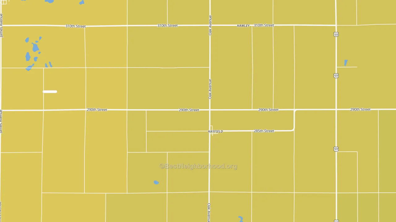 Map of the best neighborhoods in the Hayfield area, with better matches in green and worse matches in red