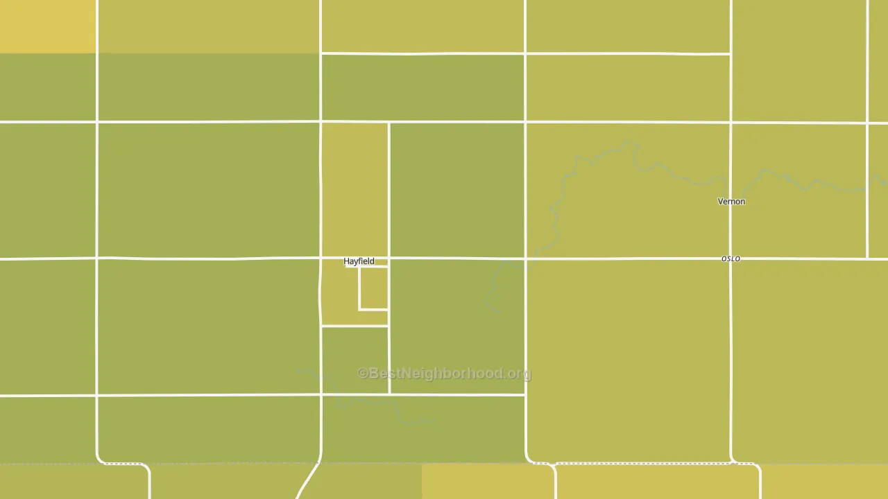 Map of the best neighborhoods in the Hayfield area, with better matches in green and worse matches in red