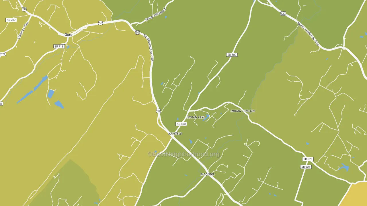 Map of the best neighborhoods in the Hayfield area, with better matches in green and worse matches in red