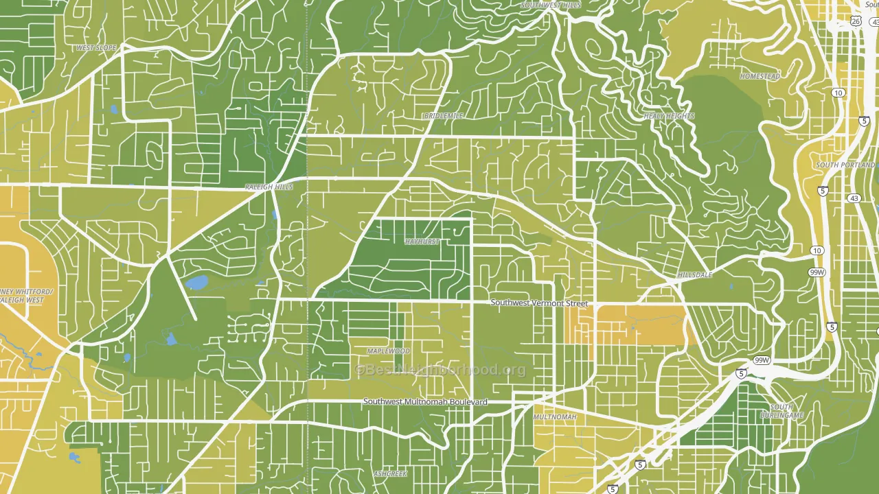 Map of the best neighborhoods in the Hayhurst, Portland area, with better matches in green and worse matches in red