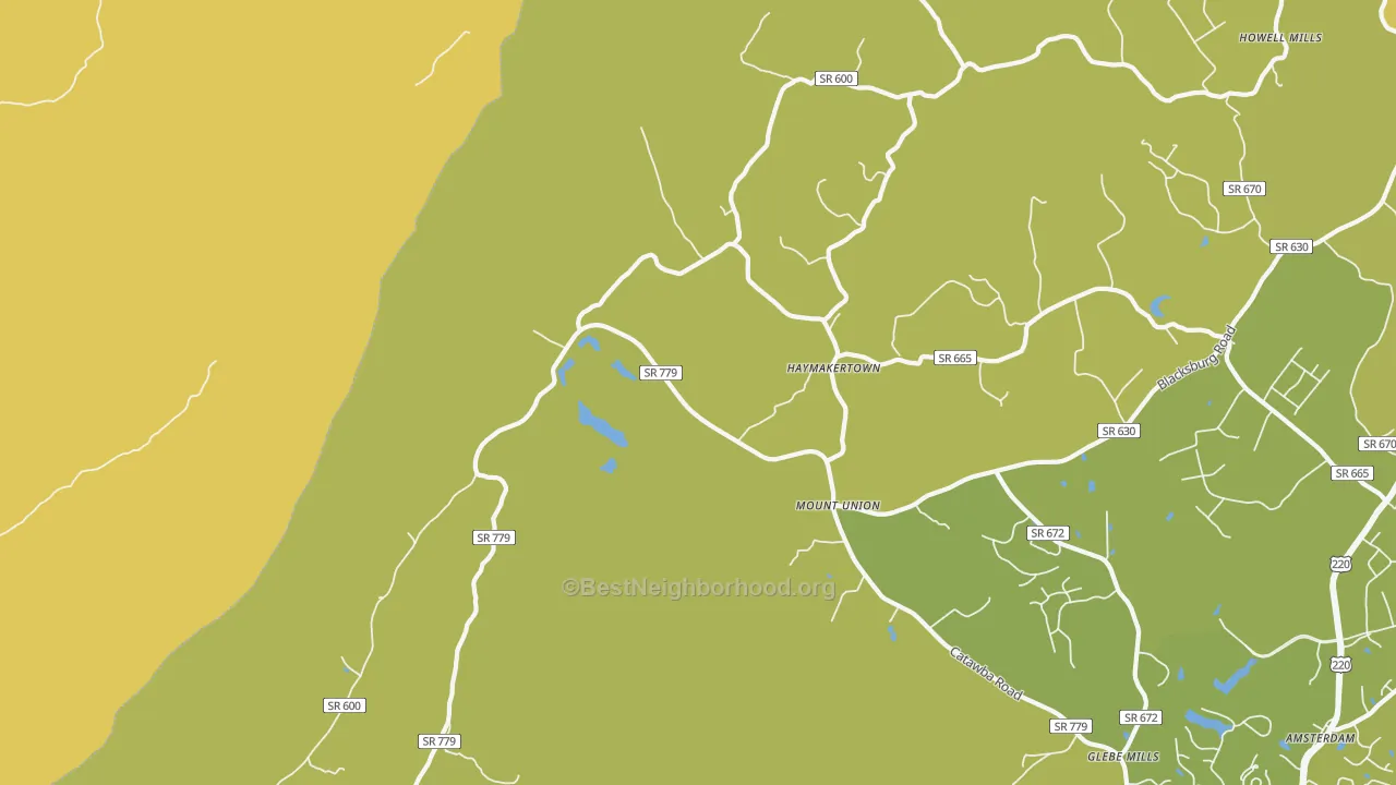 Map of the best neighborhoods in the Haymakertown area, with better matches in green and worse matches in red