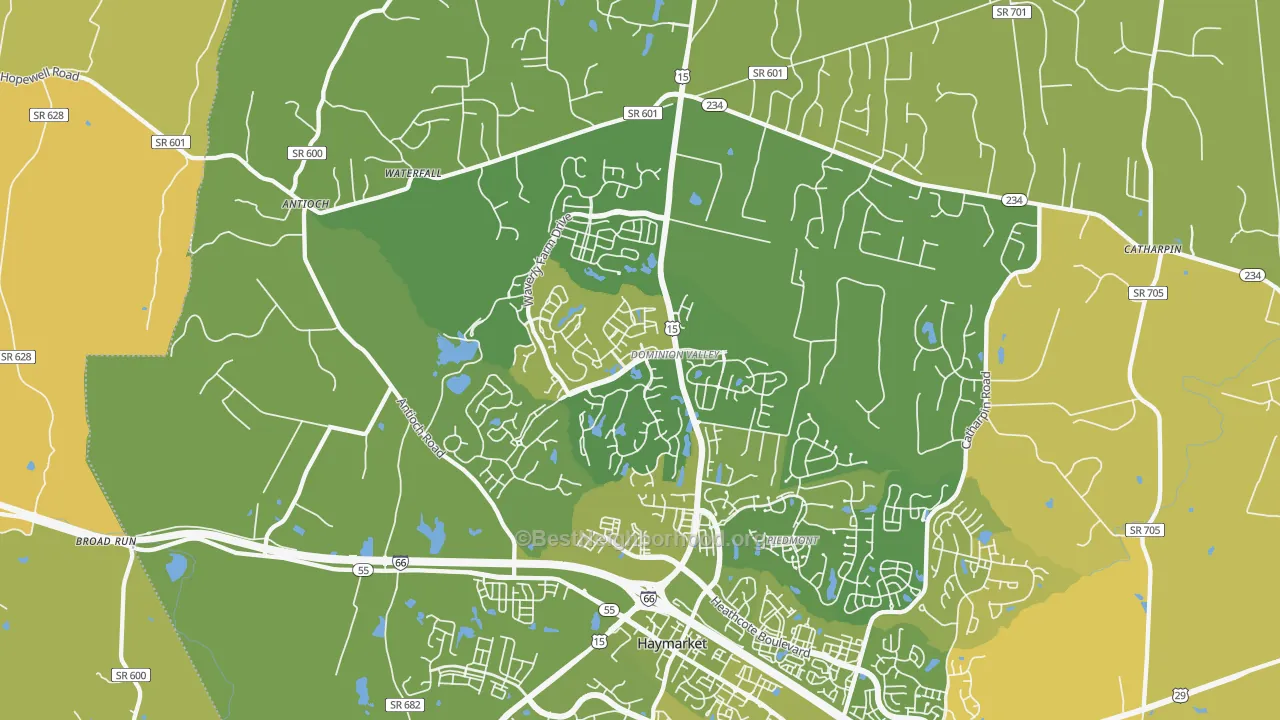 Map of the best neighborhoods in the Haymarket area, with better matches in green and worse matches in red