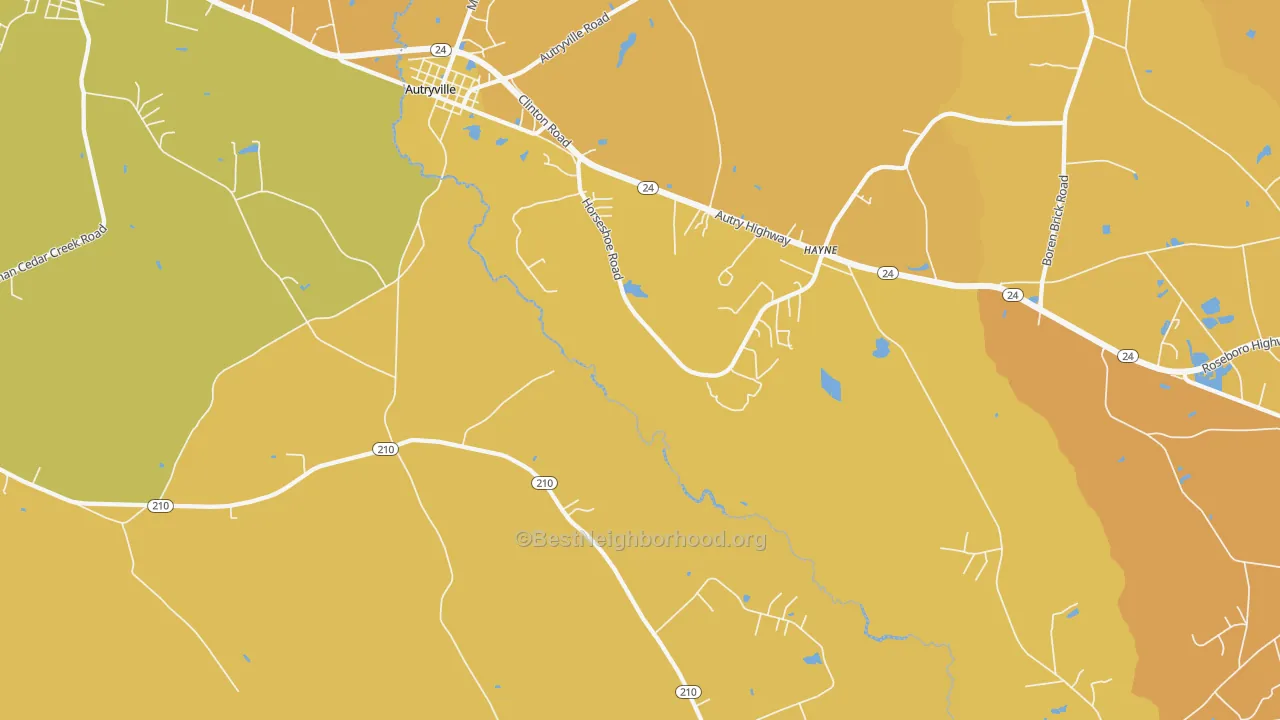 Map of the best neighborhoods in the Hayne area, with better matches in green and worse matches in red