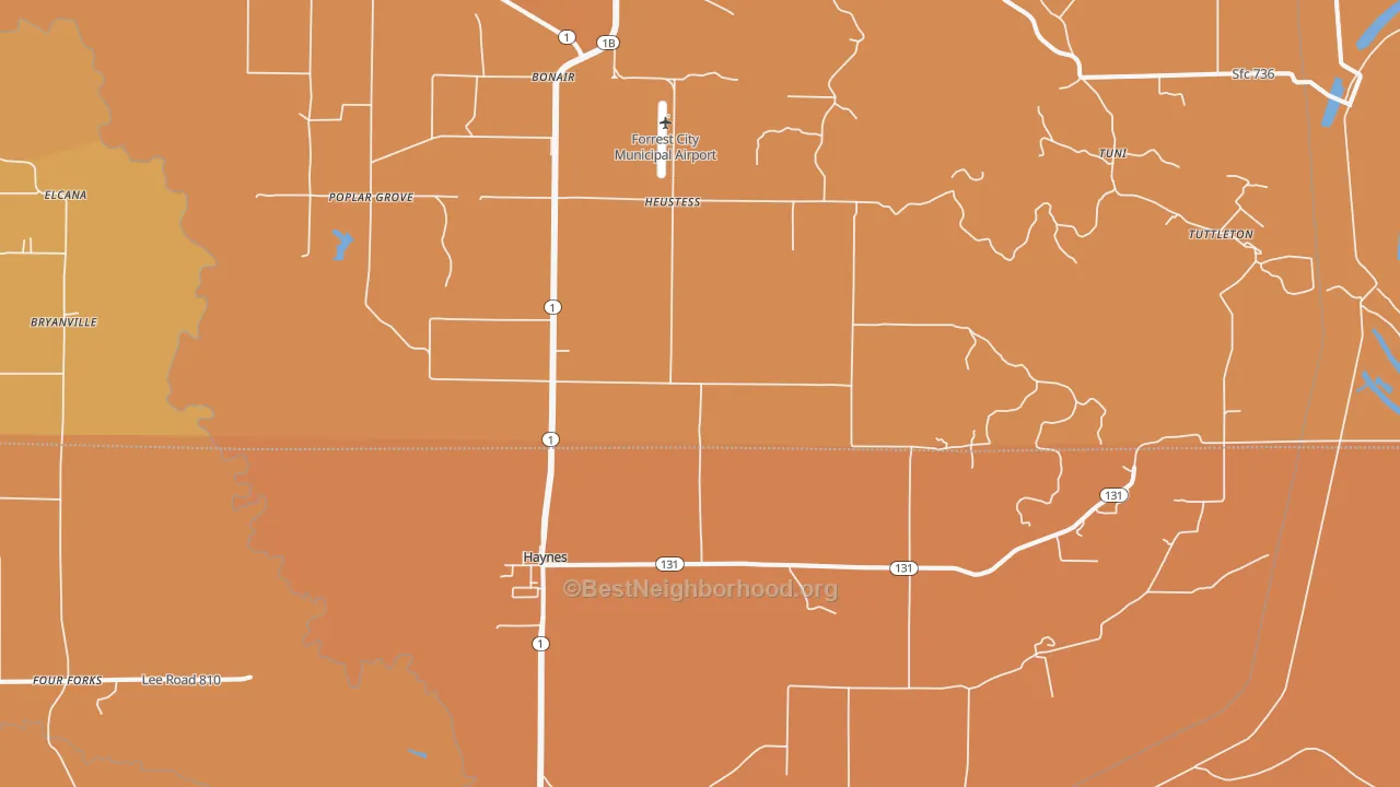 Map of the best neighborhoods in the Haynes area, with better matches in green and worse matches in red