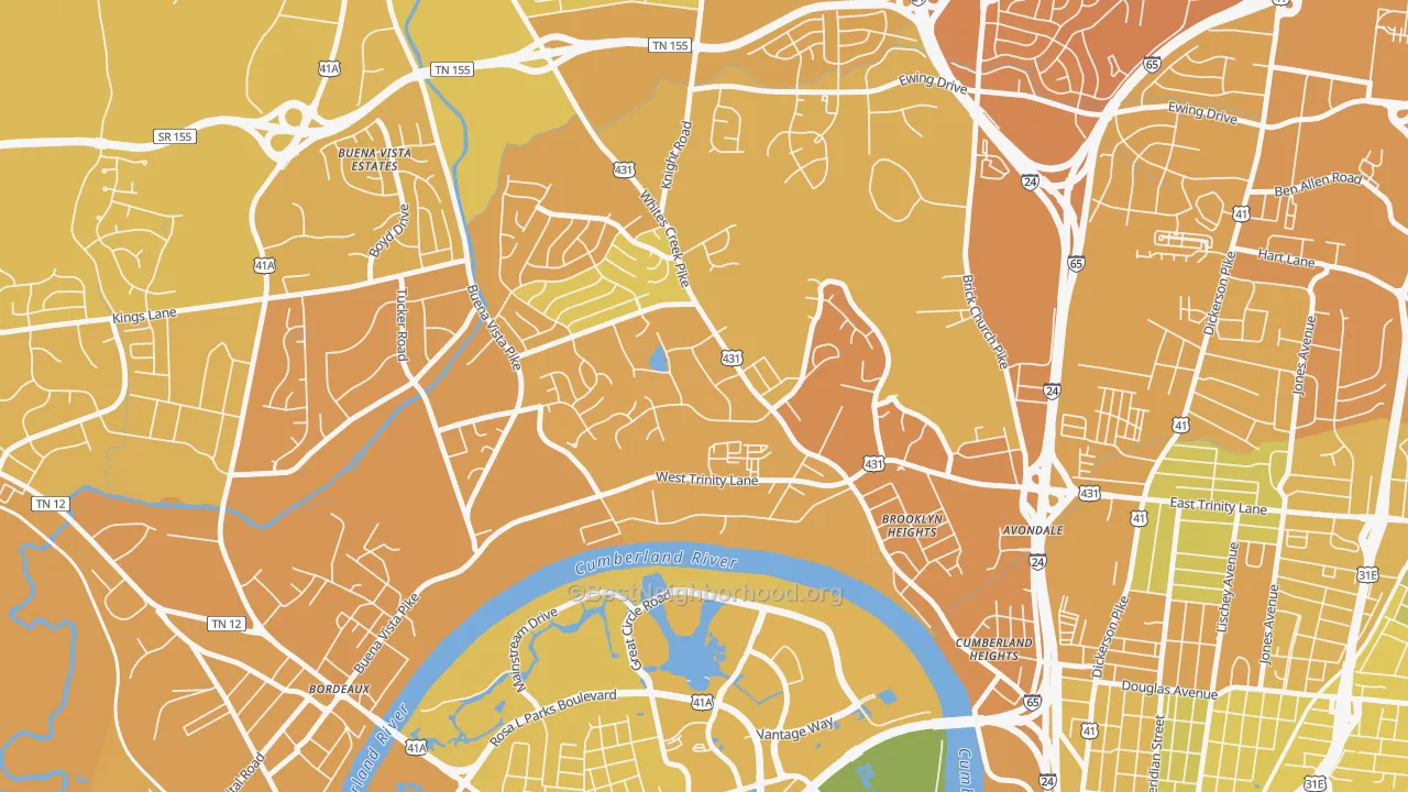 Map of the best neighborhoods in the Haynes Area, Nashville area, with better matches in green and worse matches in red