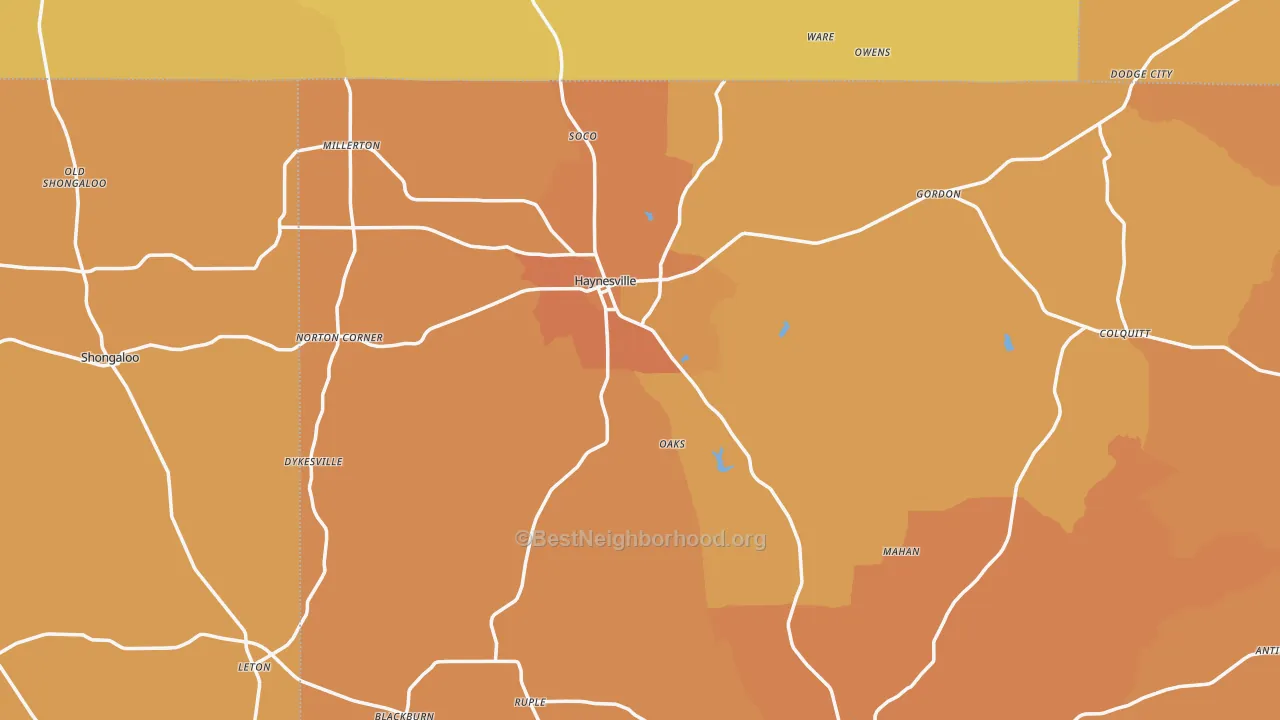 Map of the best neighborhoods in the Haynesville area, with better matches in green and worse matches in red