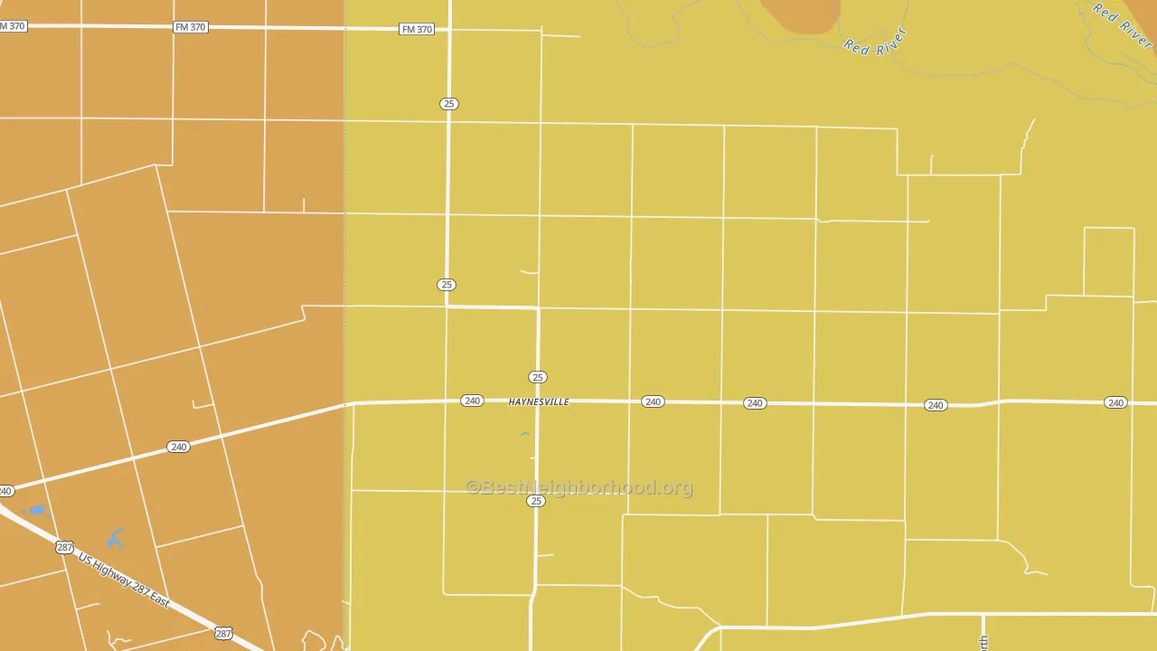 Map of the best neighborhoods in the Haynesville area, with better matches in green and worse matches in red