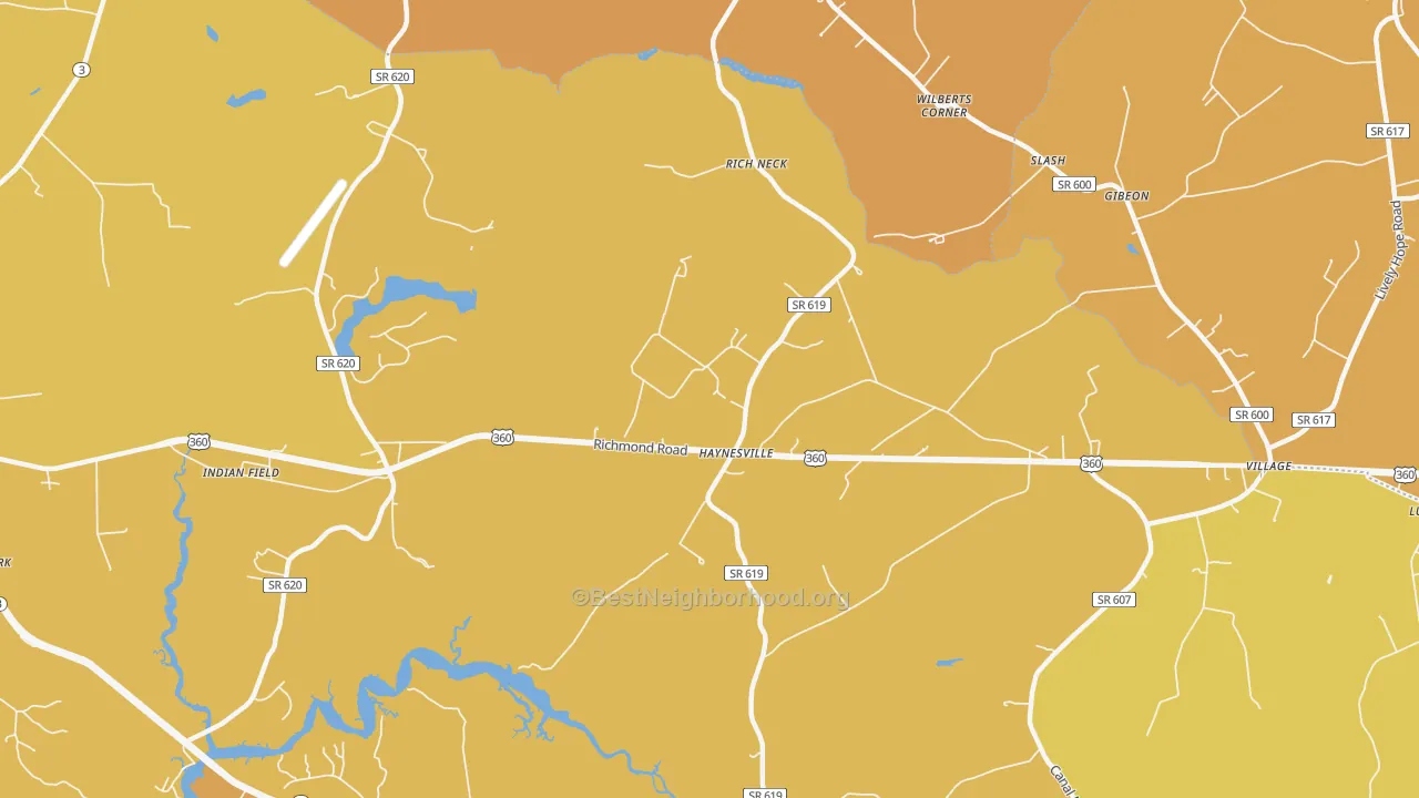Map of the best neighborhoods in the Haynesville area, with better matches in green and worse matches in red