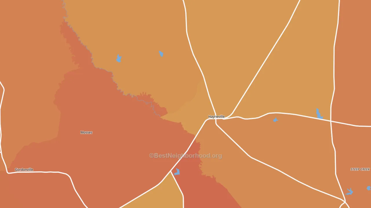 Map of the best neighborhoods in the Hayneville area, with better matches in green and worse matches in red