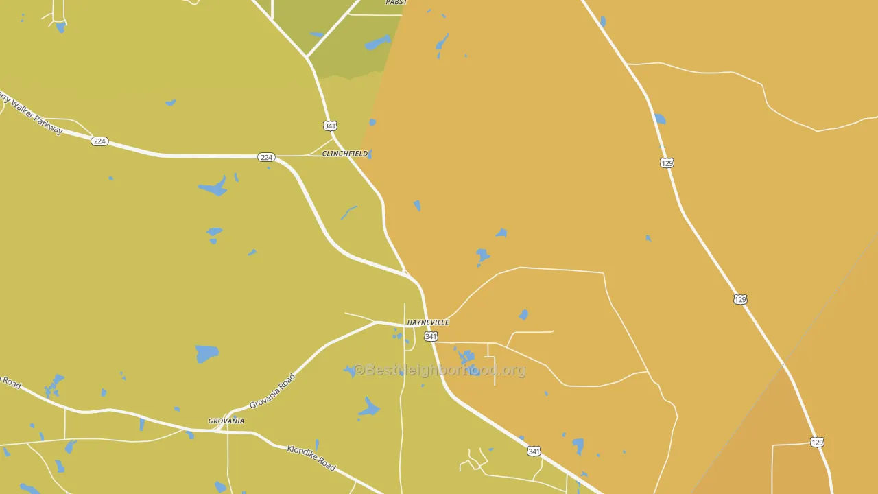Map of the best neighborhoods in the Hayneville area, with better matches in green and worse matches in red