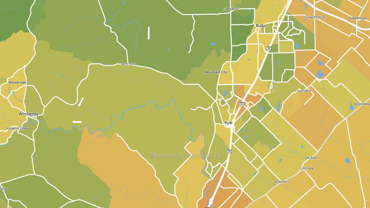 Map of the best neighborhoods in the Hays County area, with better matches in green and worse matches in red