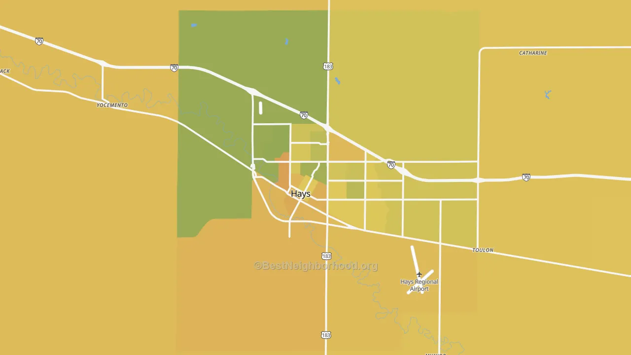 Map of the best neighborhoods in the Hays area, with better matches in green and worse matches in red