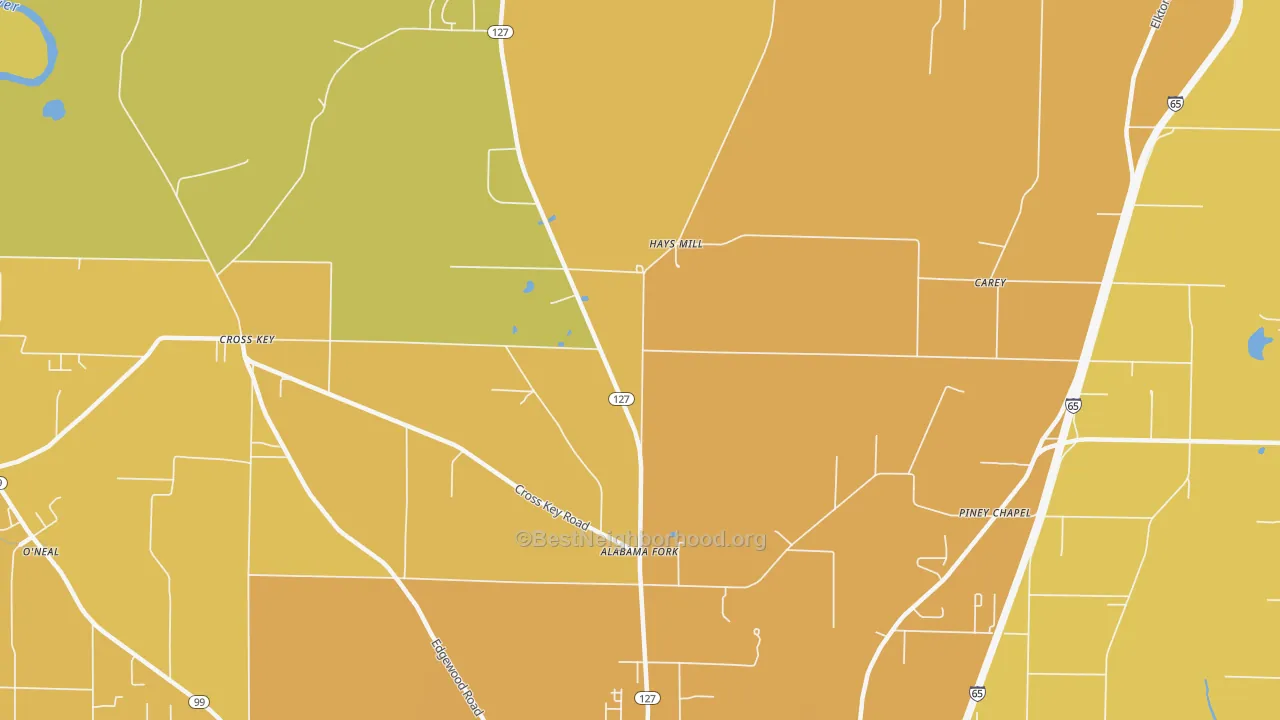 Map of the best neighborhoods in the Hays Mill area, with better matches in green and worse matches in red
