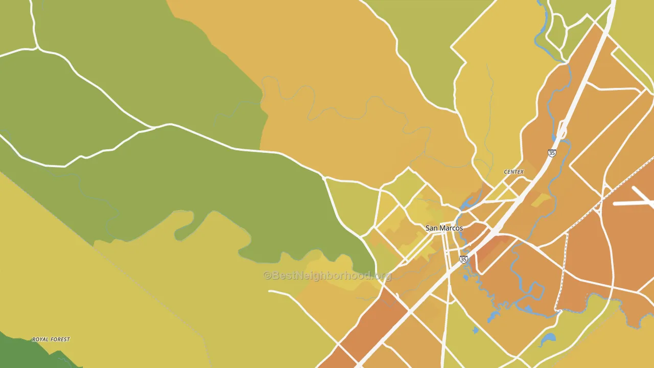 Map of the best neighborhoods in the Hays area, with better matches in green and worse matches in red