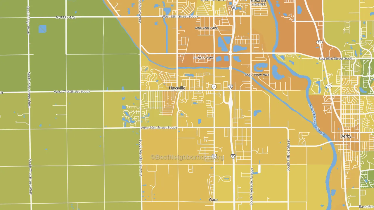Map of the best neighborhoods in the Haysville area, with better matches in green and worse matches in red