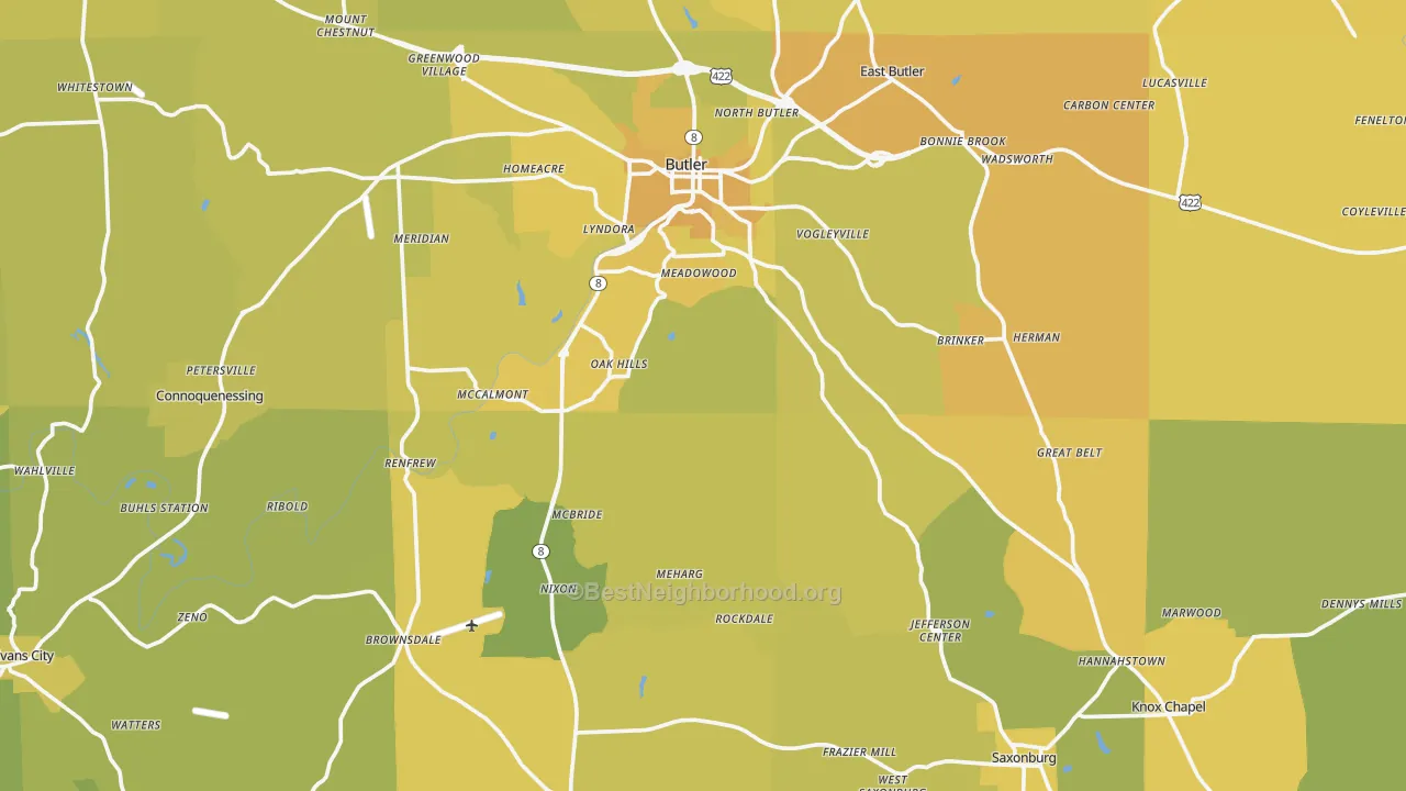 Map of the best neighborhoods in the Haysville area, with better matches in green and worse matches in red