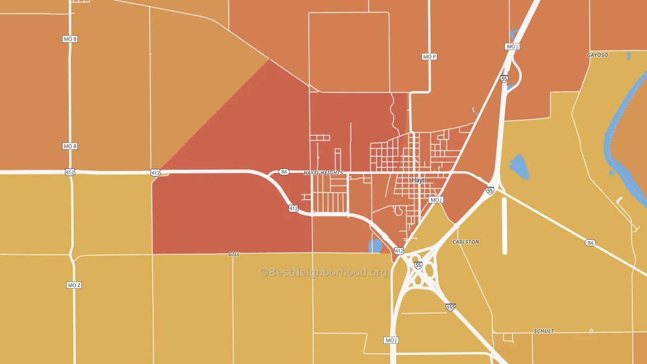Map of the best neighborhoods in the Hayti Heights area, with better matches in green and worse matches in red