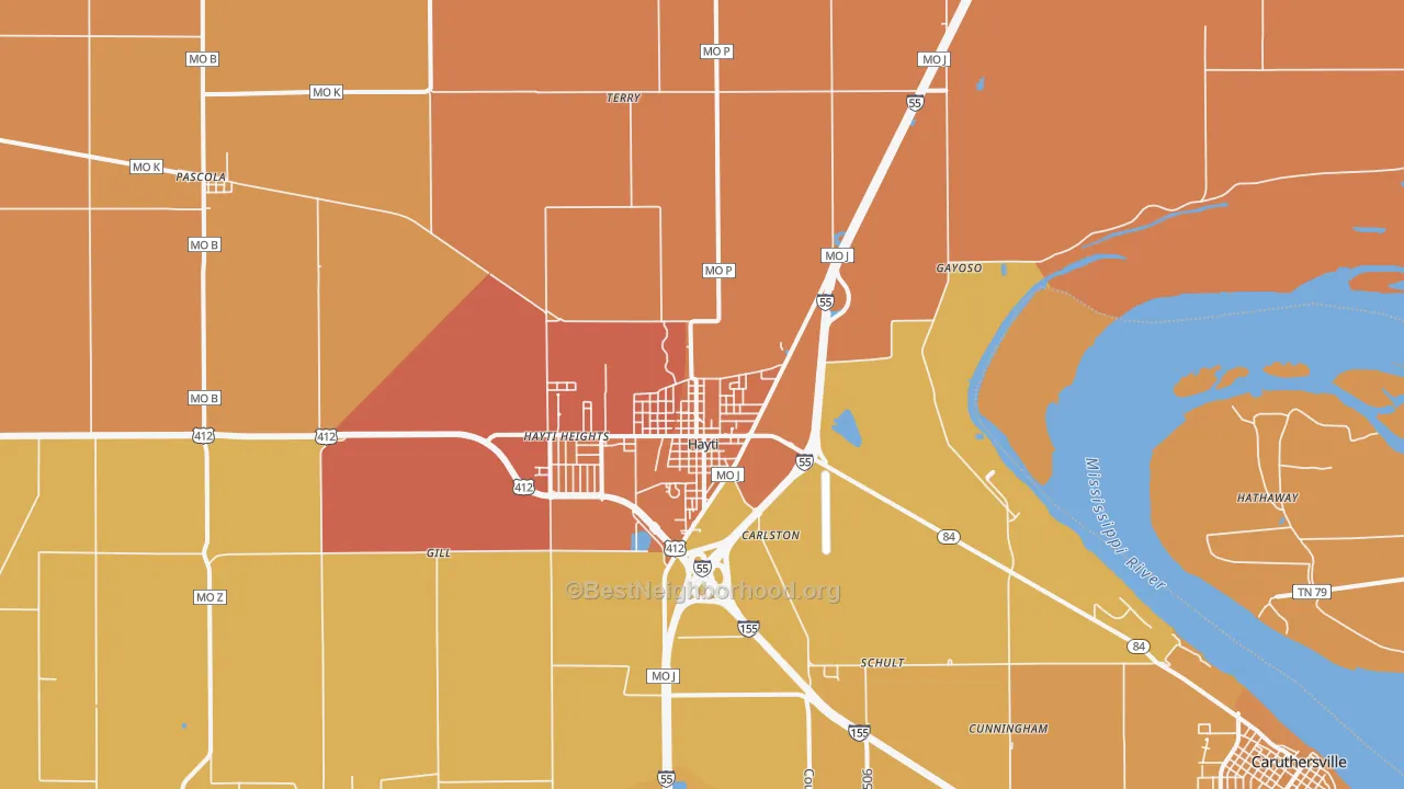 Map of the best neighborhoods in the Hayti area, with better matches in green and worse matches in red