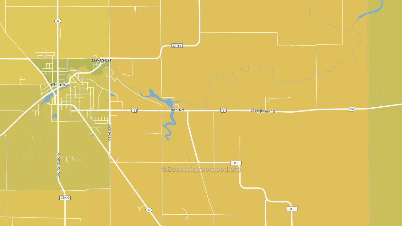 Map of the best neighborhoods in the Hayton area, with better matches in green and worse matches in red