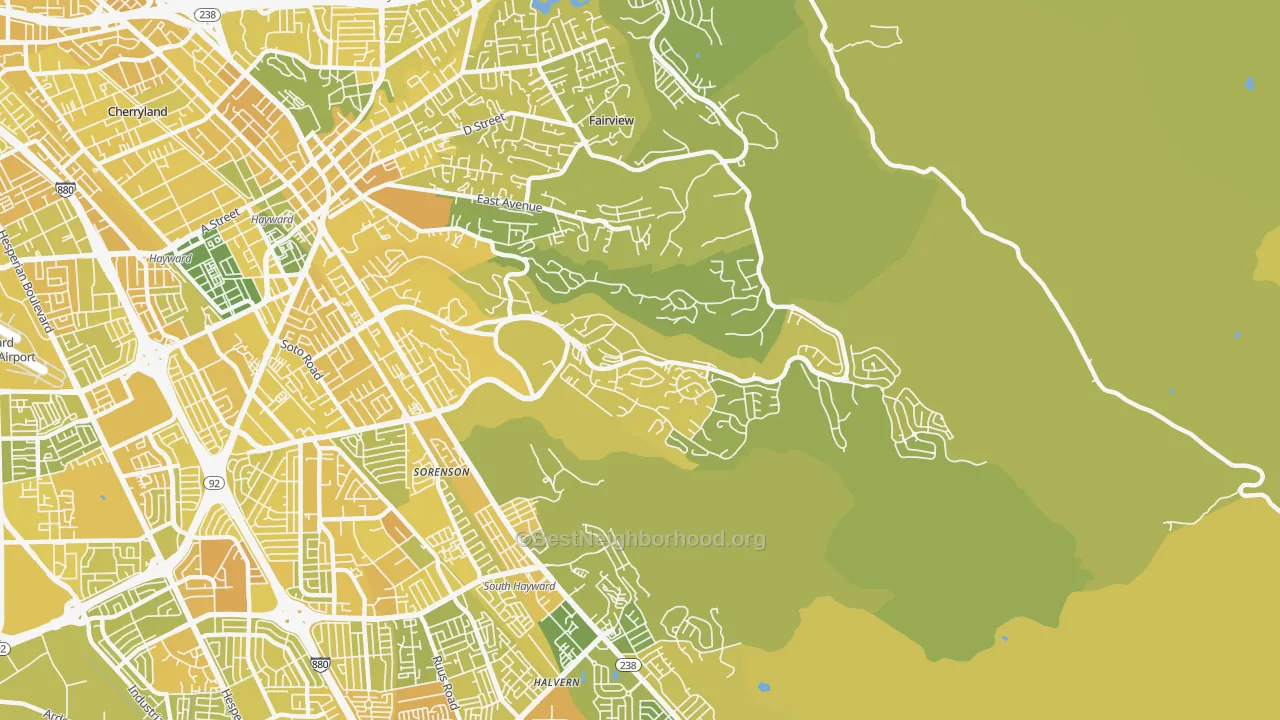 Map of the best neighborhoods in the Hayward Highland, Hayward area, with better matches in green and worse matches in red