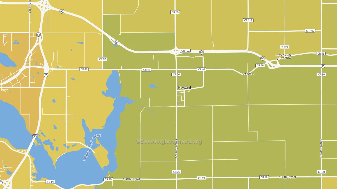 Map of the best neighborhoods in the Hayward area, with better matches in green and worse matches in red