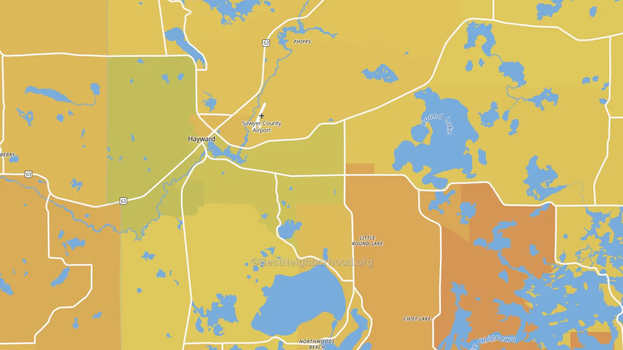 Map of the best neighborhoods in the Hayward area, with better matches in green and worse matches in red
