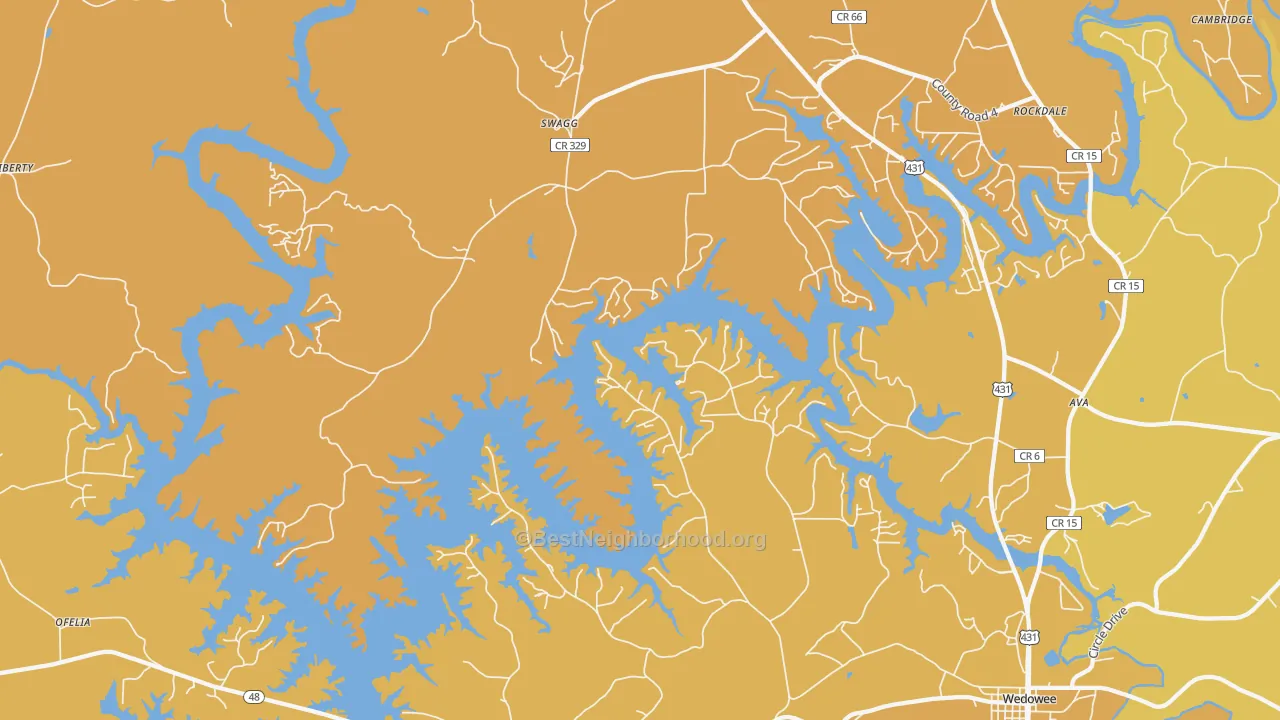 Map of the best neighborhoods in the Haywood area, with better matches in green and worse matches in red