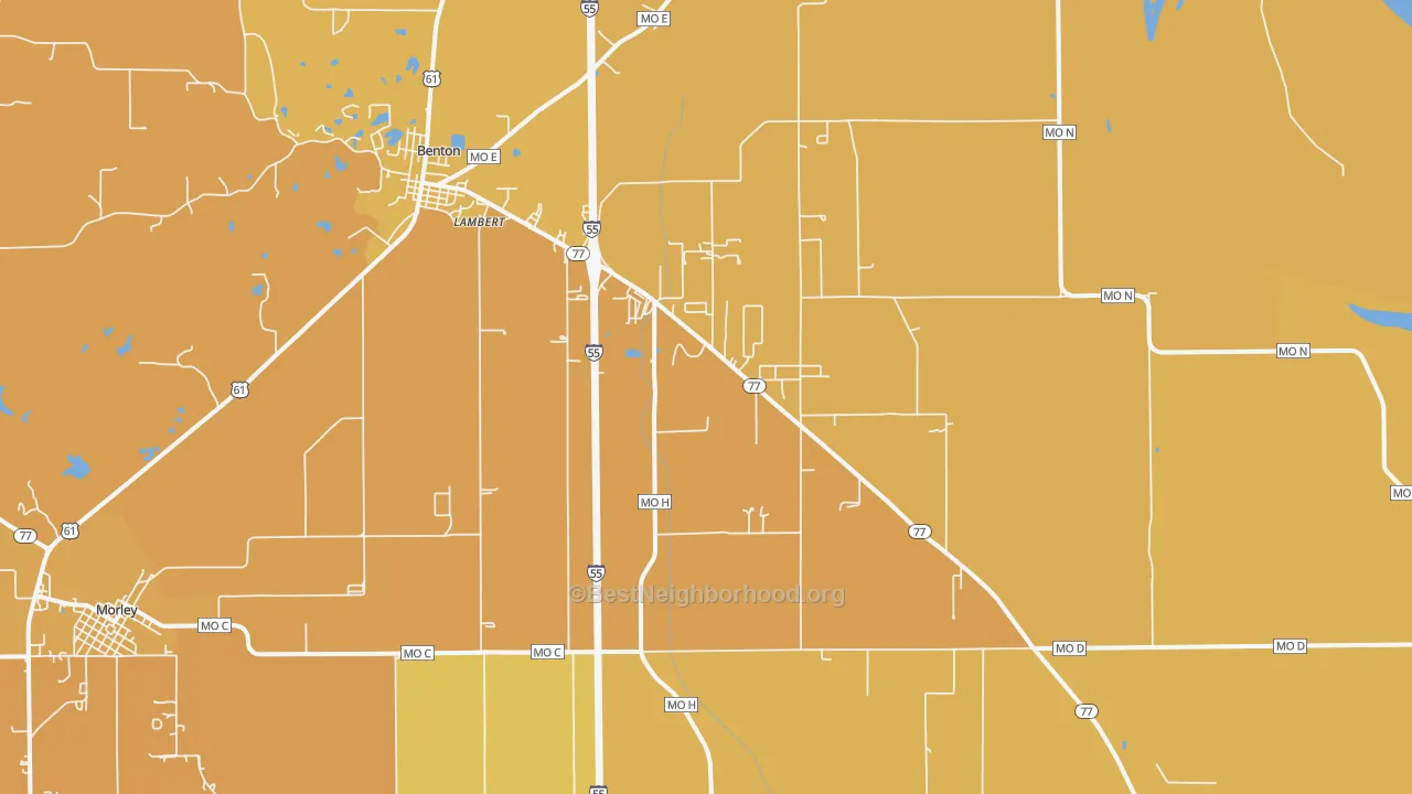 Map of the best neighborhoods in the Haywood City area, with better matches in green and worse matches in red