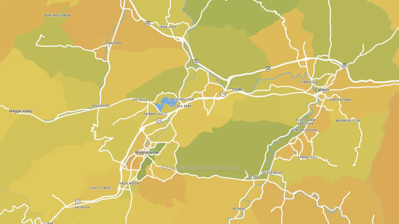 Map of the best neighborhoods in the Haywood County area, with better matches in green and worse matches in red