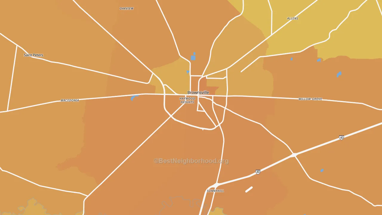 Map of the best neighborhoods in the Haywood County area, with better matches in green and worse matches in red