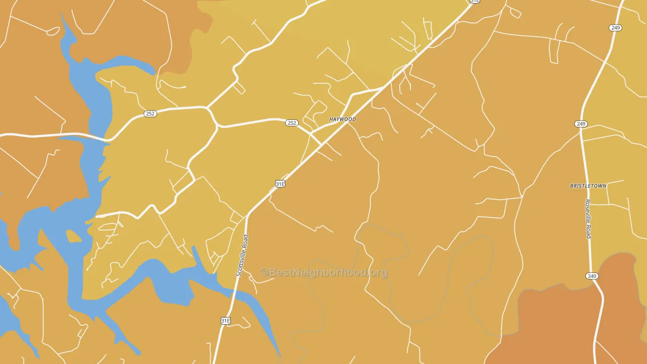 Map of the best neighborhoods in the Haywood area, with better matches in green and worse matches in red